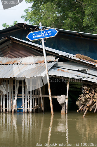 Image of Road sign in flooded village in Thailand