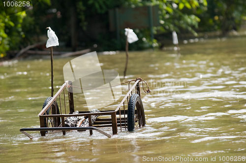 Image of Handcart left at a flooded road