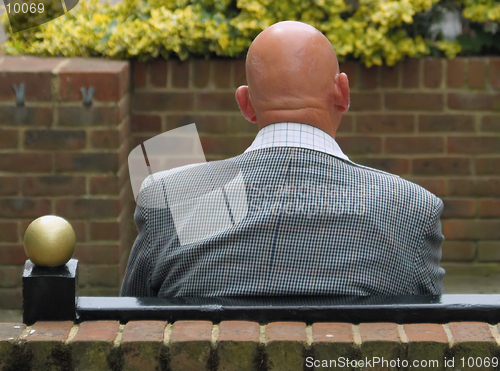 Image of Rear view of folliclly challenged male sitting on bench, end post surmounted by a golden ball