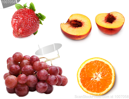 Image of Collage from fresh ripe fruit grape, peach, strawberries and ora