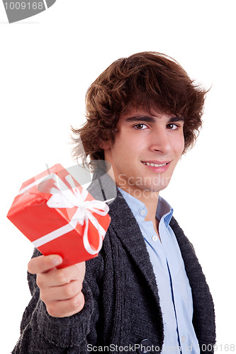Image of happy young man, with a red gift