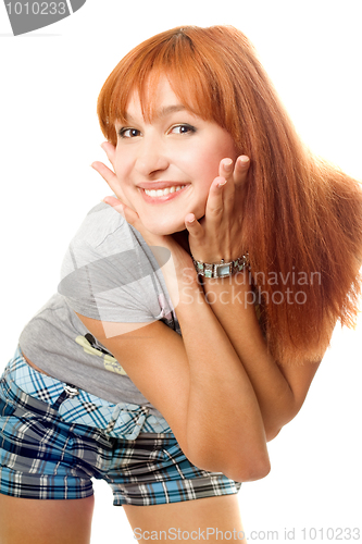 Image of Close-up portrait of happy red-haired girl