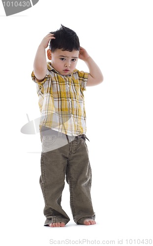 Image of shy boy on white background