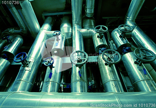 Image of different size and shaped pipes and valves at a power plant
