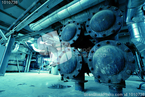 Image of Industrial zone, Steel pipelines in blue tones