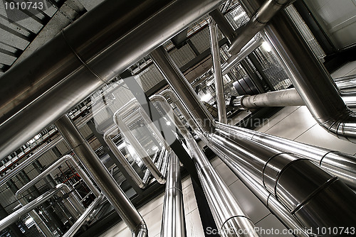 Image of different size and shaped pipes and valves at a power plant