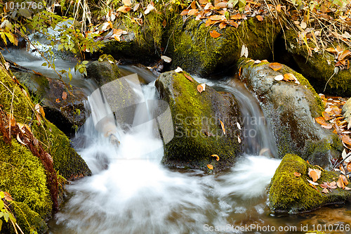 Image of Falls on the small mountain river in a wood shooted in autumn