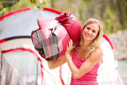 Image of Woman with Sleeping Bag