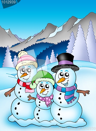 Image of Winter theme with snowman family