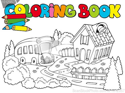 Image of Coloring book with school and bus