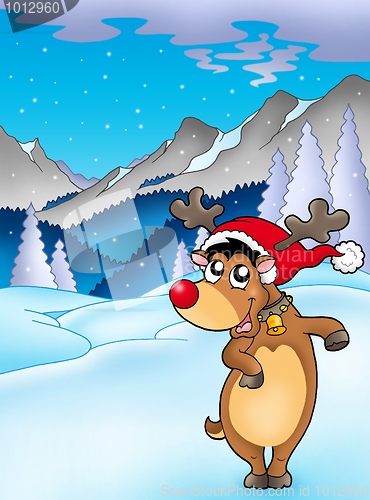 Image of Christmas theme with happy reindeer