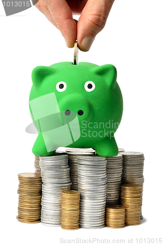 Image of Green Piggy Bank and Coins