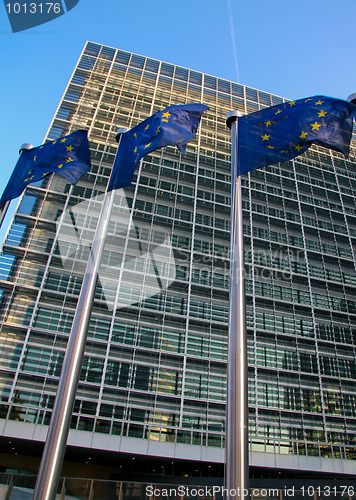 Image of European flags in front of the EU commission headquarters in Brussels