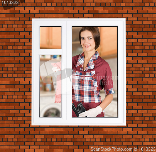 Image of Women cleaning a window