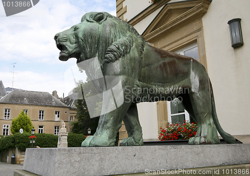 Image of Bronze lion statue at the city hall in Luxembourg City, made in 1931.