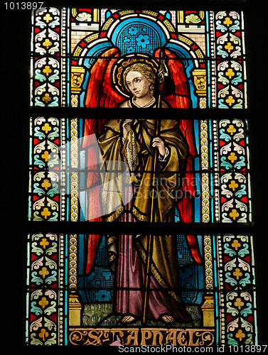Image of Stained glass window in the Cathedral of Luxembourg depicting Saint Raphael. Made in the ateliers Marechal de Metz in 1848-1860.