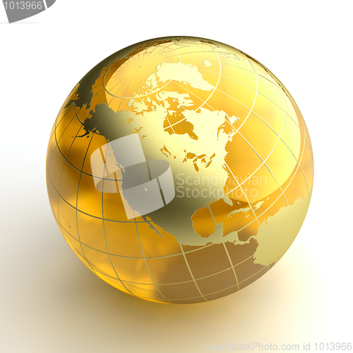 Image of Amber globe with golden continents on white background