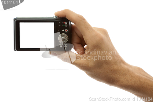 Image of Photo camera in hand isolated on white background