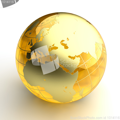 Image of Amber globe with golden continents on white background