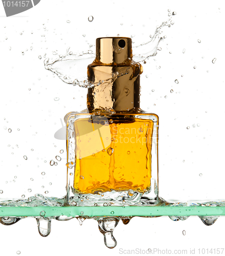 Image of Bottle of perfume in a spray of water