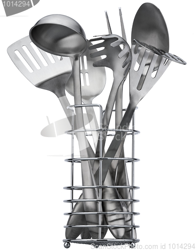 Image of Set of stainless utensils on white background