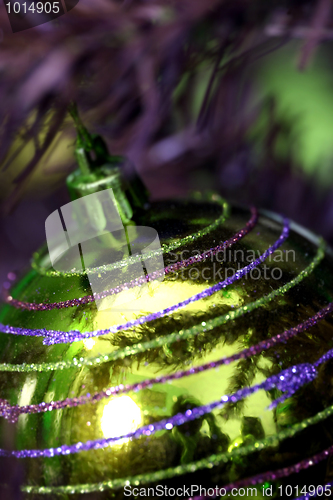 Image of Christmas ornaments on tree.