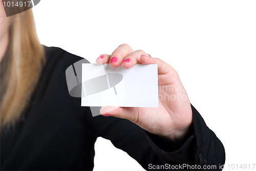 Image of The girl holds a card in hands