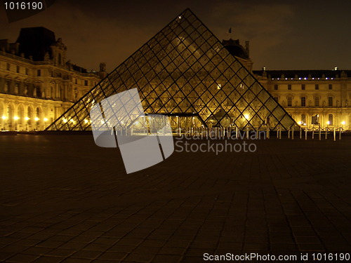 Image of Louvre Museum and pyramid at night