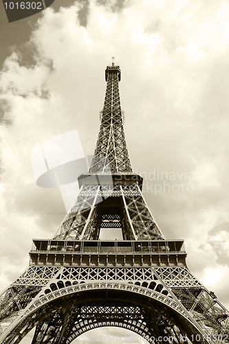 Image of Eiffel Tower in sepia closeup 
