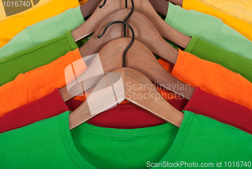Image of Bright t-shirts on wooden hangers