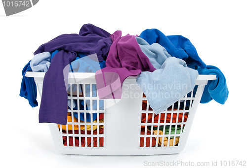 Image of Colorful clothes in laundry basket. Blue, indigo, purple.