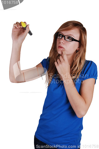 Image of Girl writing on glass wall.