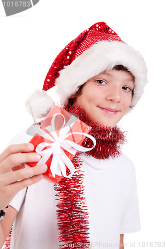 Image of Cute christmas boy with a red gift