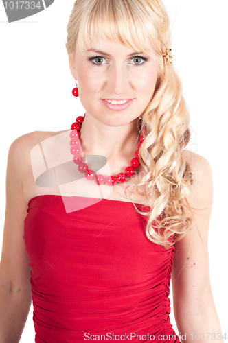 Image of Portrait of beautiful woman in red