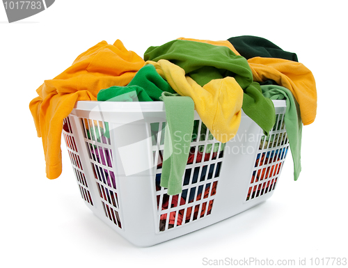 Image of Bright clothes in laundry basket. Green, yellow.