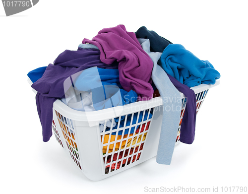 Image of Bright clothes in laundry basket. Blue, indigo, purple.