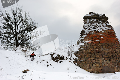 Image of The remains of the castle walls in winter.