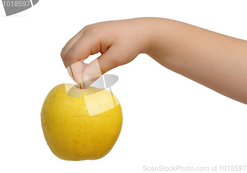Image of Yellow apple on hand