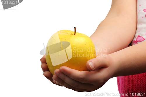 Image of Yellow apple on hand
