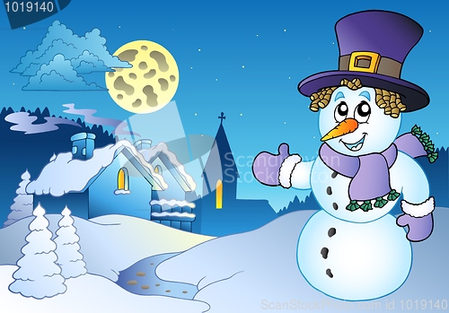 Image of Snowman near small village