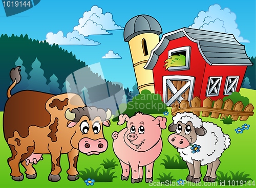 Image of Three farm animals near barn