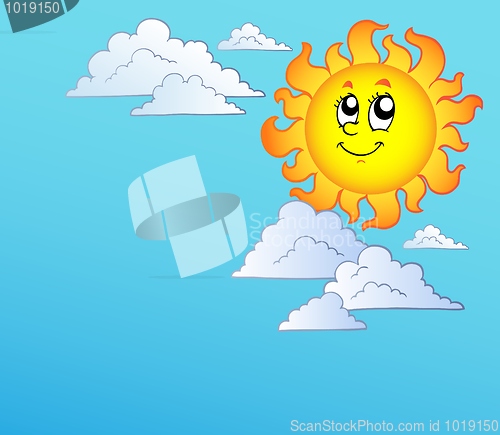 Image of Cartoon Sun with clouds on blue sky