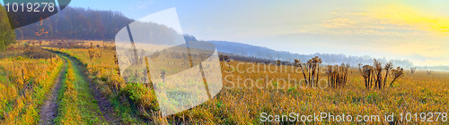 Image of Panoramic rural landscape with sunrise light