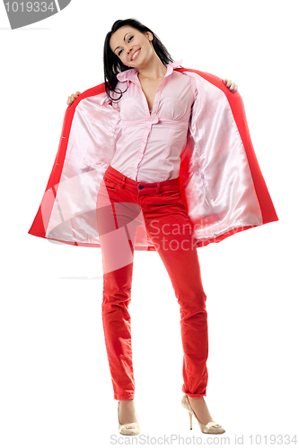 Image of Cheerful young brunette in red suit