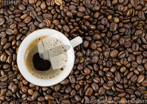 Image of Background from coffee grains and a cup from coffee, the top vie