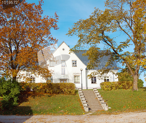 Image of The trees covered by golden foliage at the old house