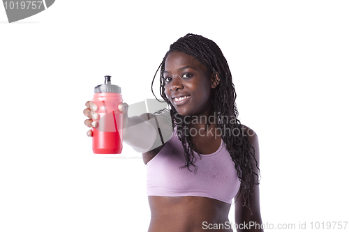 Image of Athlete woman showing the water bottle