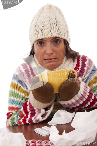 Image of woman with flu symptoms drinking a hot drink