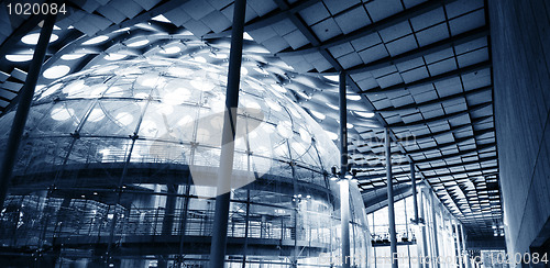 Image of circular ramp in glass dome under round skylights