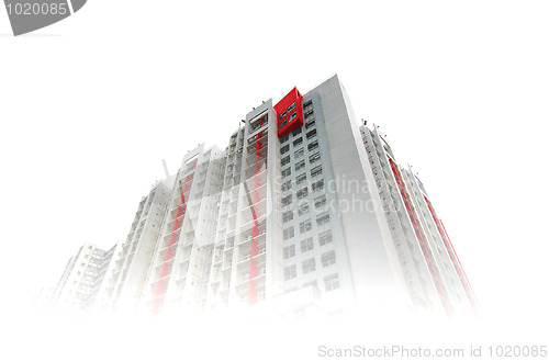 Image of residential tower in white fog